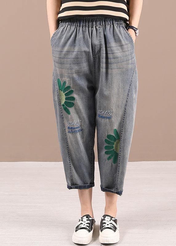 Organic Blue Embroideried Summer Regular Denim Pants - SooLinen