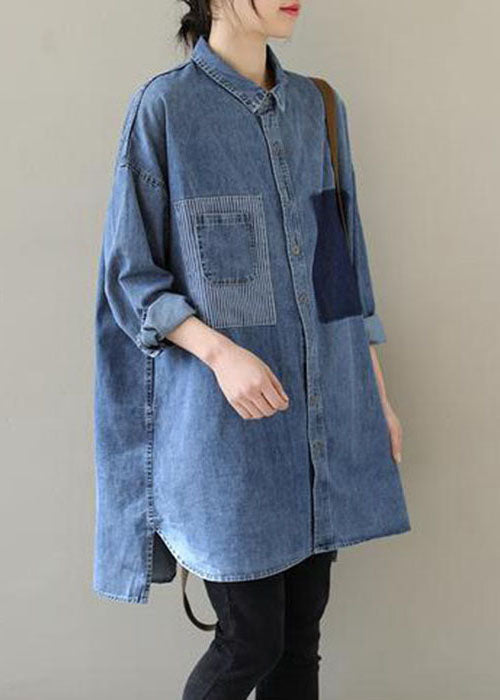 Bleu biologique Peter Pan Collar Casual Denim Blouses printemps