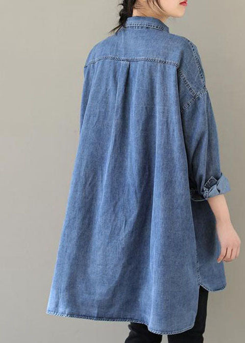 Bleu biologique Peter Pan Collar Casual Denim Blouses printemps