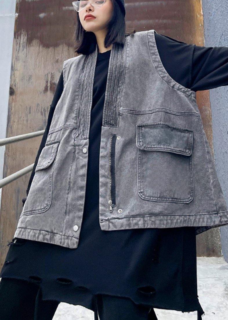 Organic Denim Gray Crane Tops Pockets Spring Tops - SooLinen