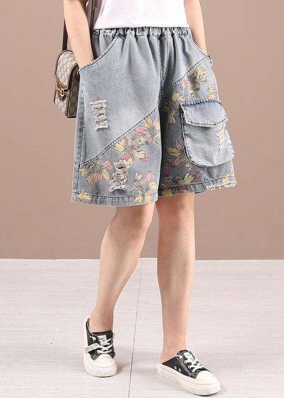 Organic Grey Patchwork Print Denim hot Pants - SooLinen