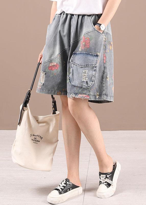 Organic Grey Patchwork Print Denim hot Pants - SooLinen