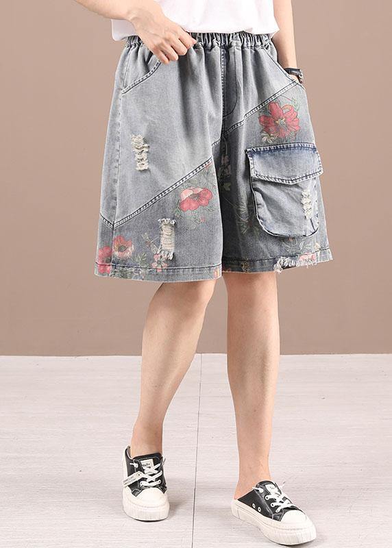 Organic Grey Patchwork Print Denim hot Pants - SooLinen