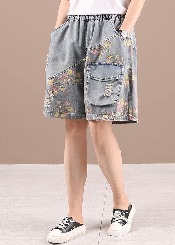 Organic Grey Patchwork Print Denim hot Pants - SooLinen