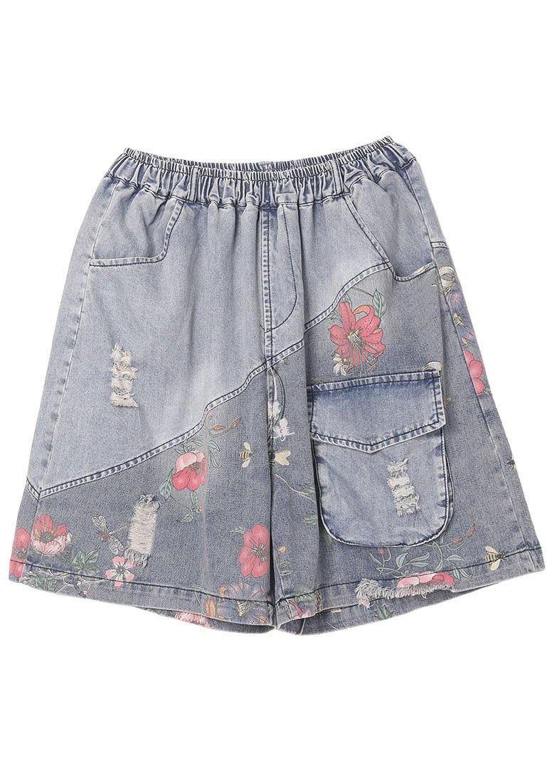 Organic Grey Patchwork Print Denim hot Pants - SooLinen