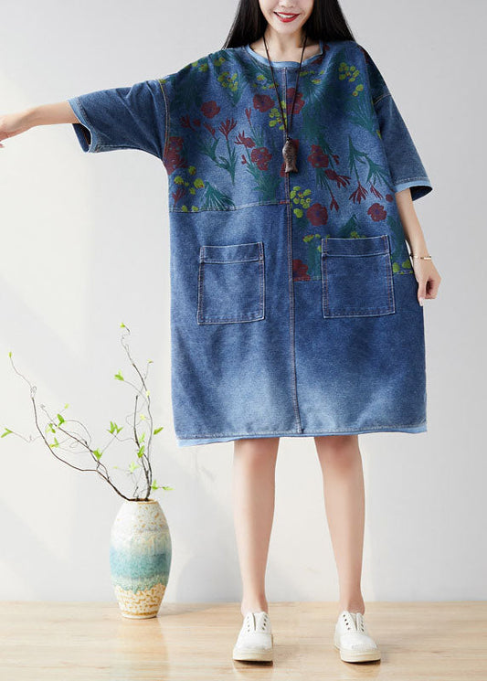 Navy Organic O Neck Patchwork Denim Robes à moitié manches