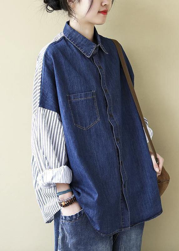 Organic Patchwork Shirts Women Denim Blue Tops - SooLinen