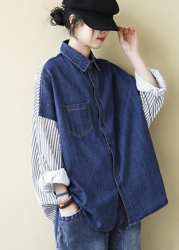 Organic Patchwork Shirts Women Denim Blue Tops - SooLinen