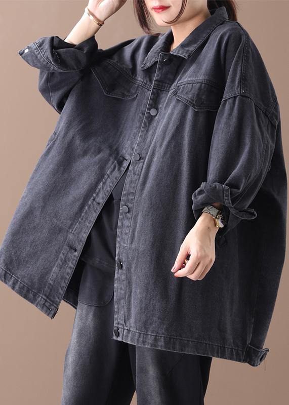 Organic denim black cotton crane tops lapel pockets Midi fall blouses - SooLinen