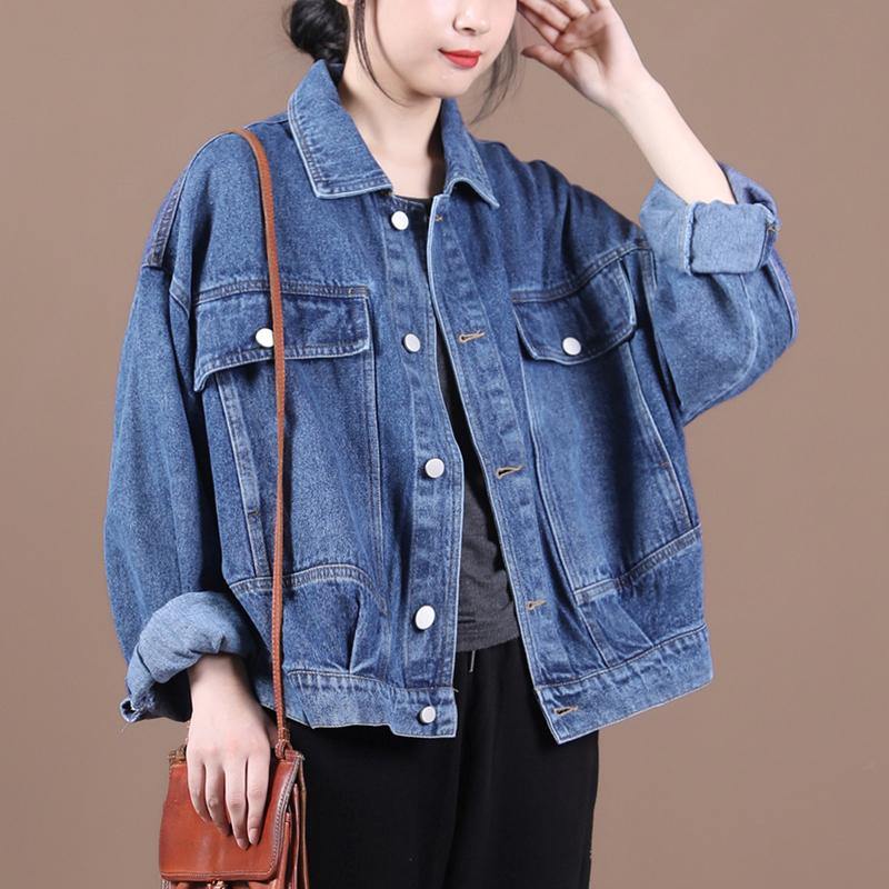 Organic denim blue Fine maxi coat Inspiration lapel fall jackets - SooLinen