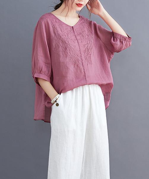 Organic rose clothes For Women v neck embroidery daily blouses - SooLinen