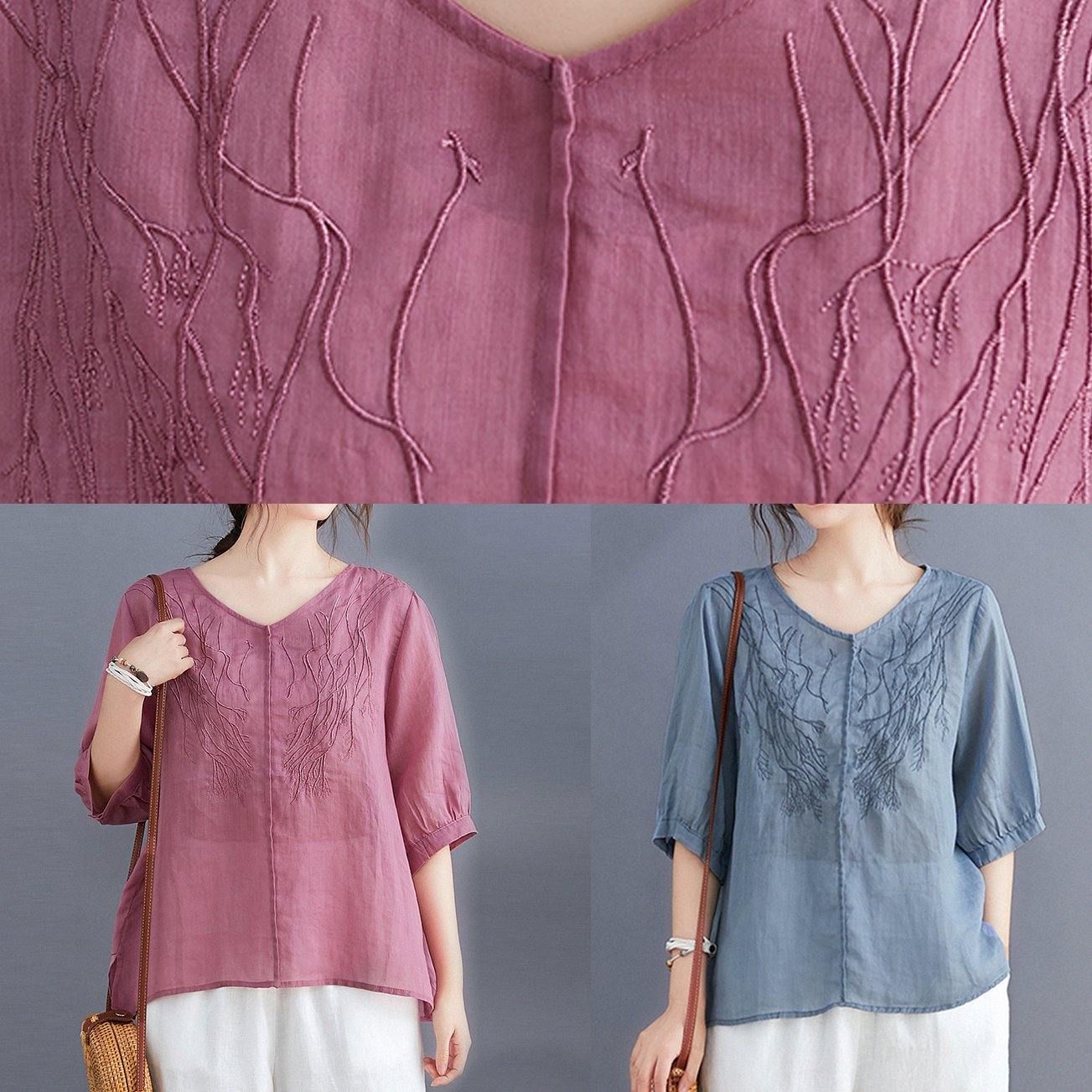 Organic rose clothes For Women v neck embroidery daily blouses - SooLinen