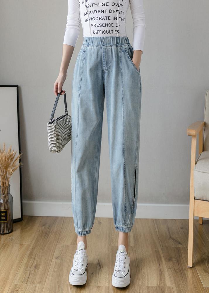 Organic Spring Casual Pants Slim Denim Blue Fashion Ideas Elastic Waist Pants - SooLinen