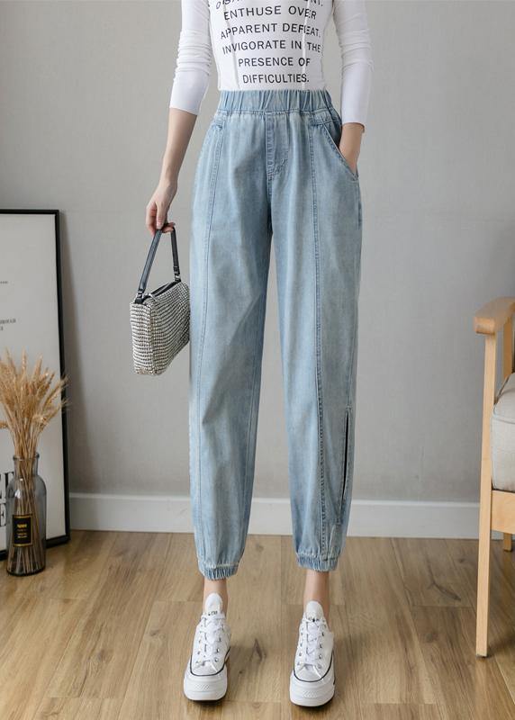 Organic Spring Casual Pants Slim Denim Blue Fashion Ideas Elastic Waist Pants - SooLinen