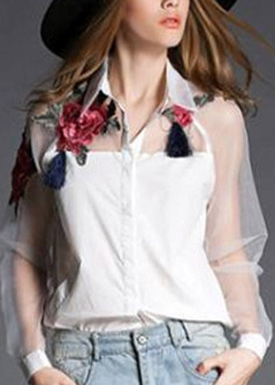 Organza White Peter Pan Collier Broidéré Floral Tulle Patchwork Coton Shirts Long Manneve