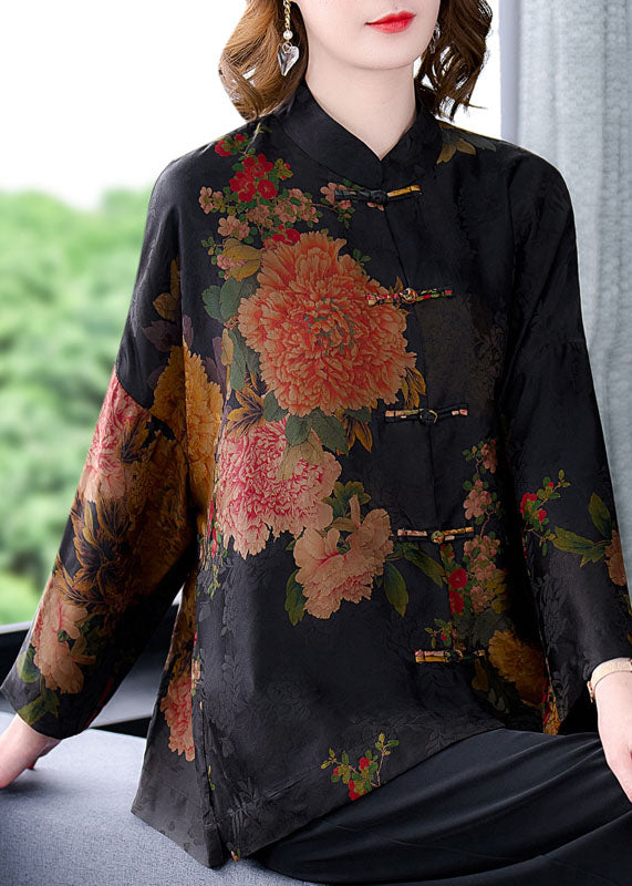 Original Black Mandarin Collar Button Floral Print Silk Coats Long Sleeve