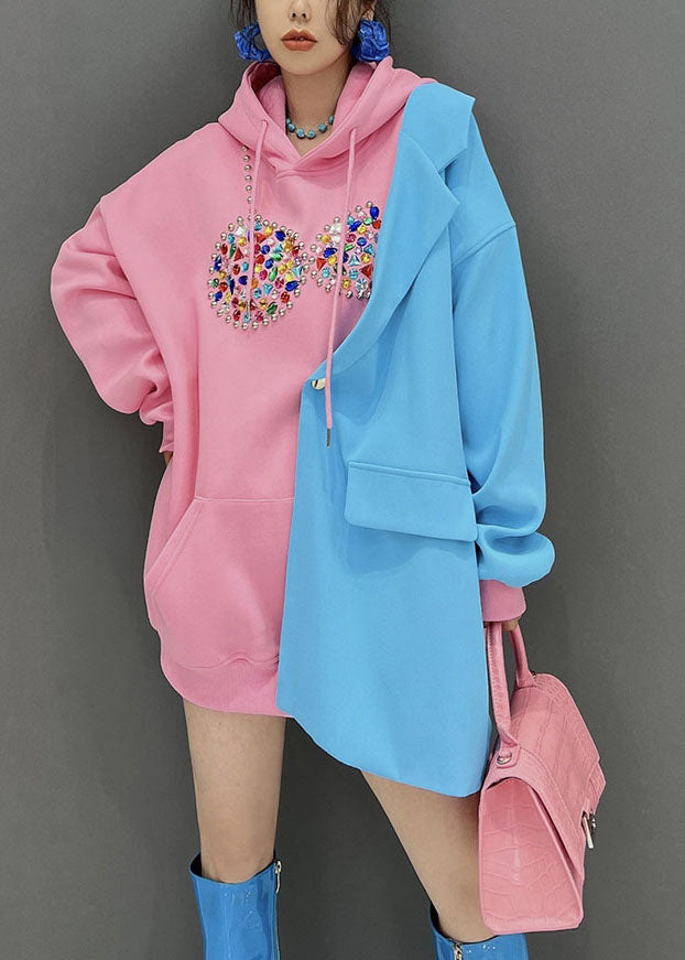 Design d'origine rose Blue Hooded Patchwork Cotton Faux Sweatshirts en deux pièces Top Fall