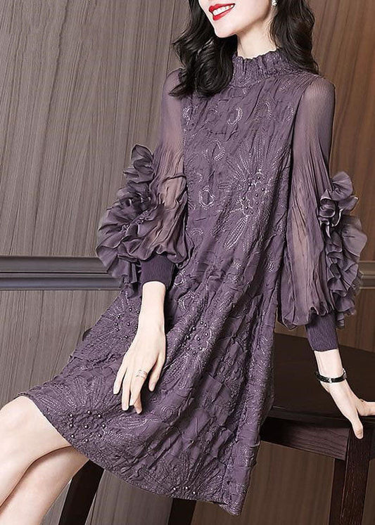 Original Design Purple Stand Collar Embroideried Nail Bead Silk Maxi Dress Long Sleeve