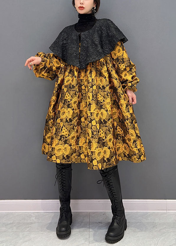 Conception d'origine jaune realoir collier jacquard robes en soie printemps