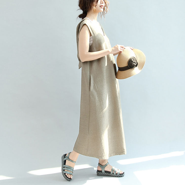 Original khaki casual linen dresses plus size v neck sundress sleeveless maxi dress