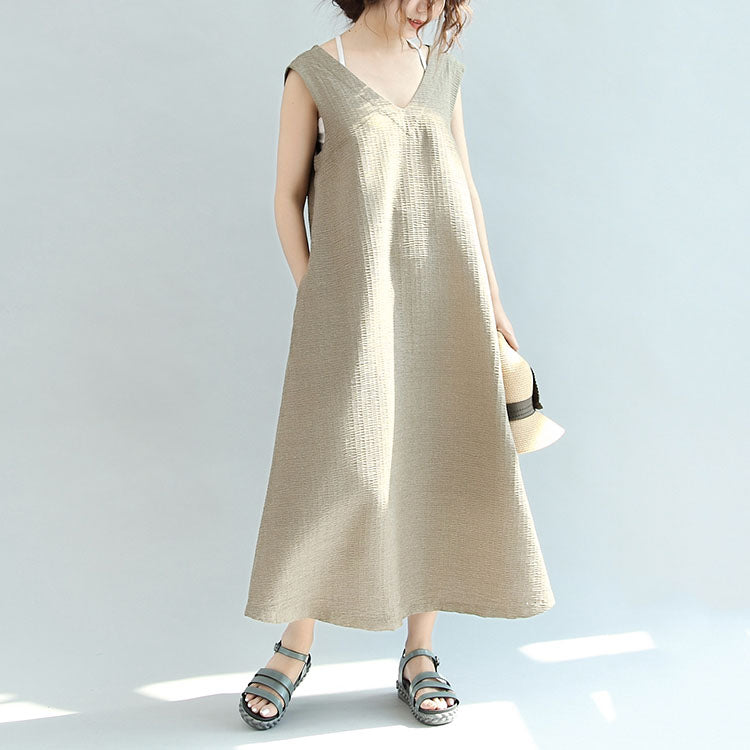 Original khaki casual linen dresses plus size v neck sundress sleeveless maxi dress