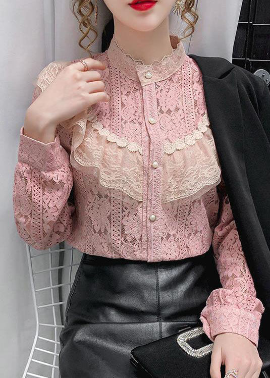 Bouton supérieur de la chemise lâche en dentelle rose creux à manches longues