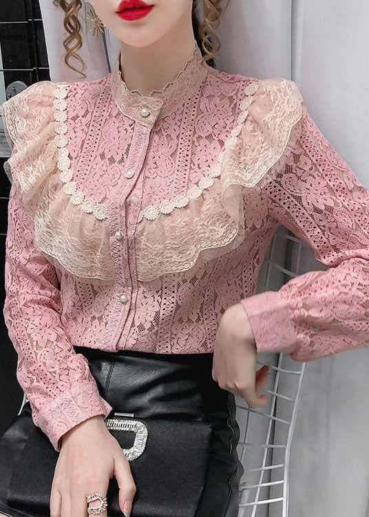 Bouton supérieur de la chemise lâche en dentelle rose creux à manches longues