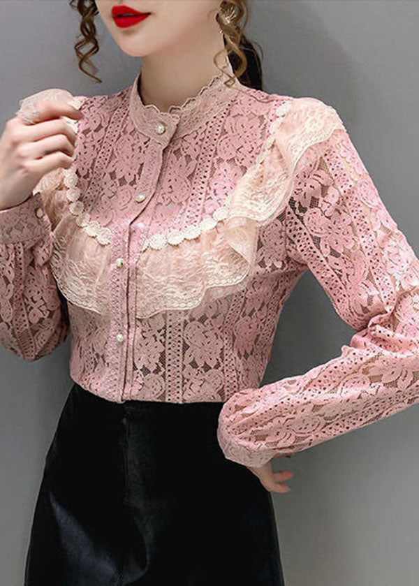 Bouton supérieur de la chemise lâche en dentelle rose creux à manches longues