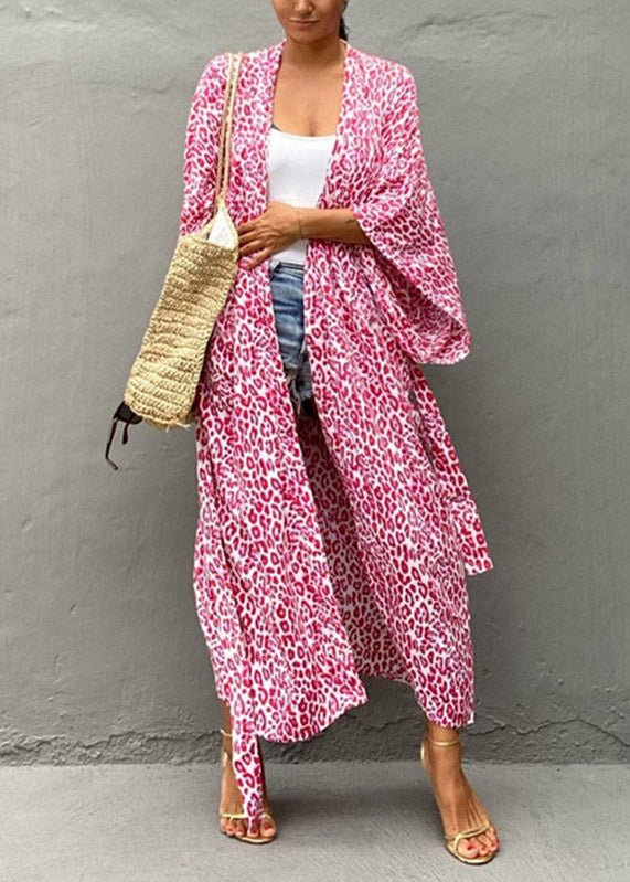 Pink V Neck Dot Tie Taon Cotton Maxi Beach Cardigans Longue manche