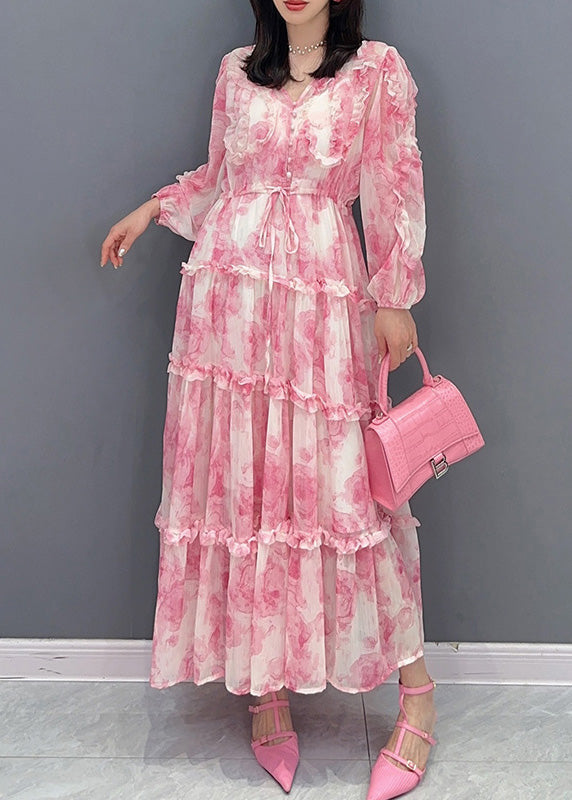 Pink V Neck Print Tie Waist Chiffon Long Dress Long Sleeve