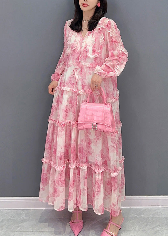 Pink V Neck Print Tie Waist Chiffon Long Dress Long Sleeve