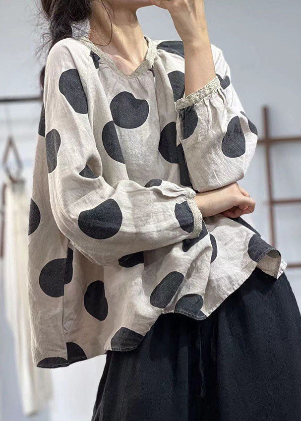 Plus Size Beige Oversized Dot Print Linen Shirts Fall