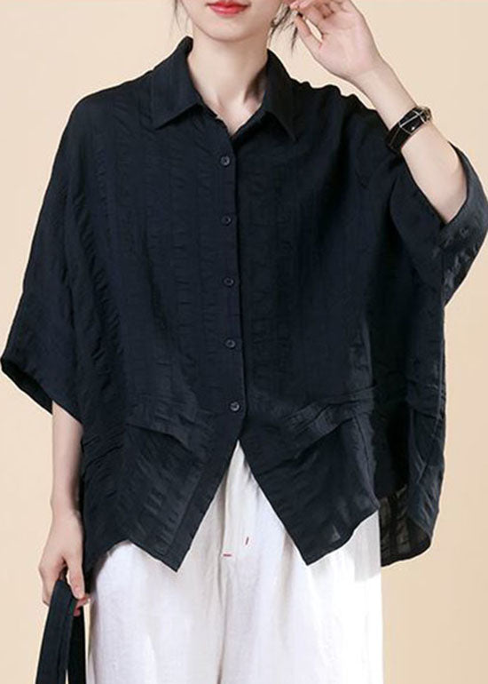 Bouton noir plus taille noire Peter Pan Shirt Top Batwing Sleeve