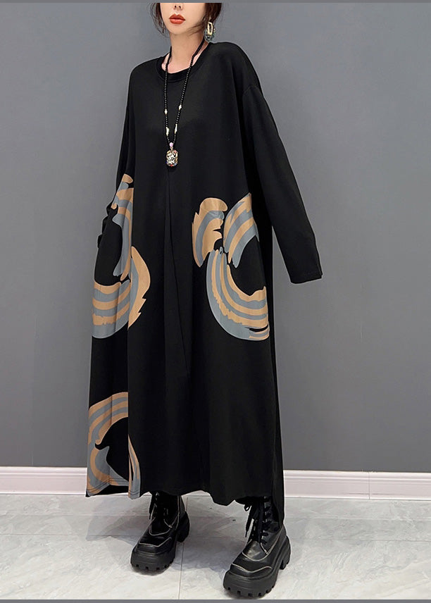 Taille plus taille noire o-cou imprimer des robes maxi printemps