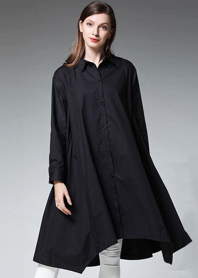 Plus Size Black Pockets Asymmetrical Design Fall Cotton Long Shirts Long sleeve - SooLinen