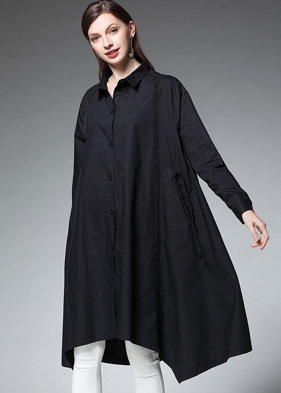 Plus Size Black Pockets Asymmetrical Design Fall Cotton Long Shirts Long sleeve - SooLinen