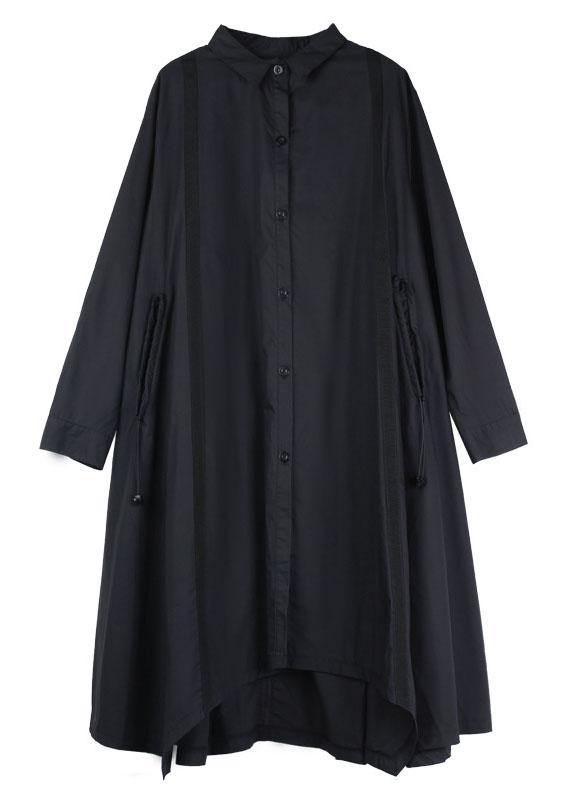 Plus Size Black Pockets Asymmetrical Design Fall Cotton Long Shirts Long sleeve - SooLinen