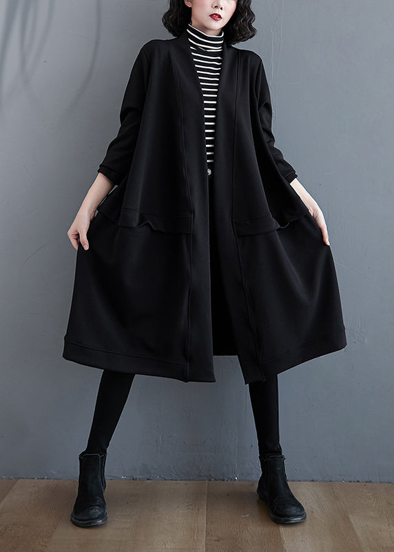 Plus Size Black V Neck Pockets Cotton Trench Coat Fall