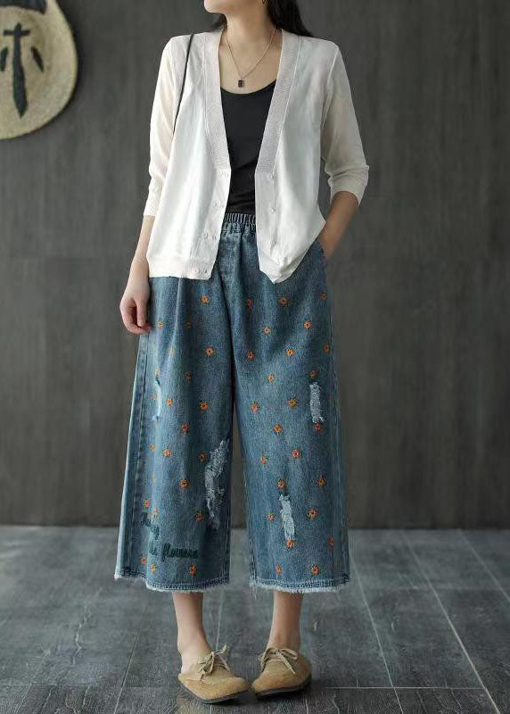 Plus Size Denim Blue Elastic Waist Daisy Embroideried Hole Cotton Straight Pants Summer