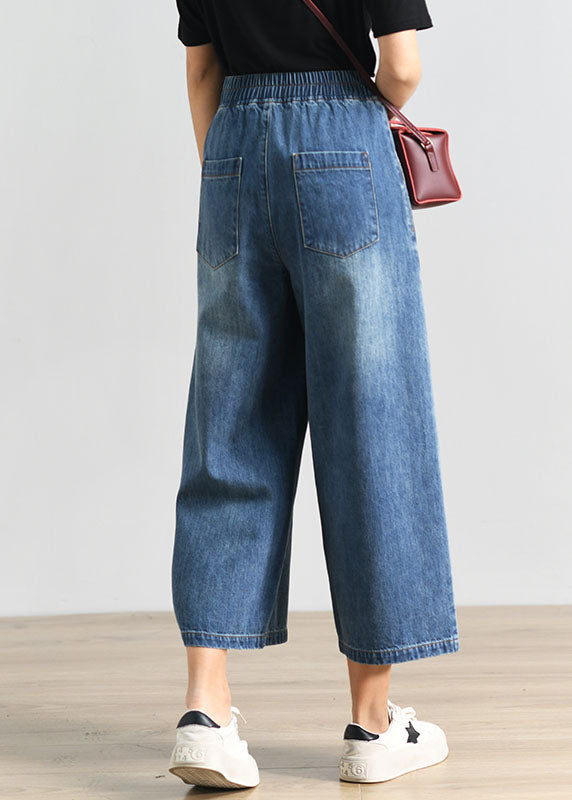 Plus Size Denim Blue Elastic Waist Pockets Cotton Wide Leg Crop Pants Summer