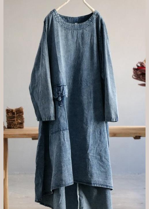 Plus Size Denim Blue U Neck Dress Large Hem Spring Mid Dress - SooLinen