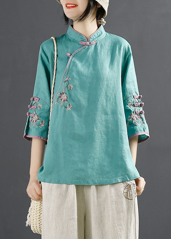 Plus Size Green Embroideried Button Tops Half Sleeve