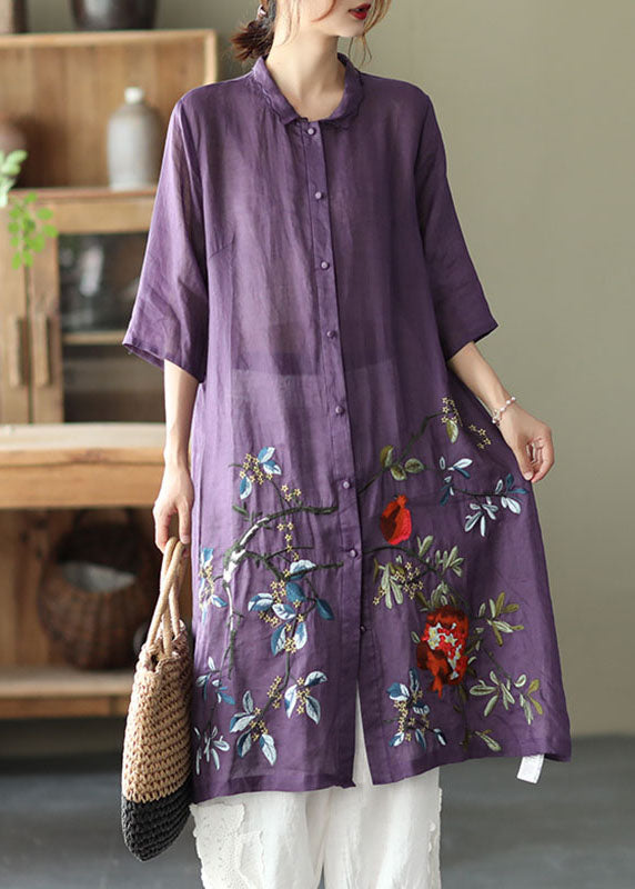 Bouton violet de taille plus chemise d'automne brodée