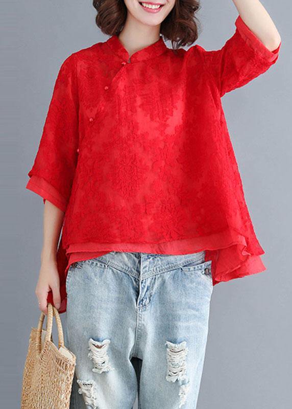 Plus Size Red Lace Three Quarter sleeve Oriental Loose Summer Top - SooLinen