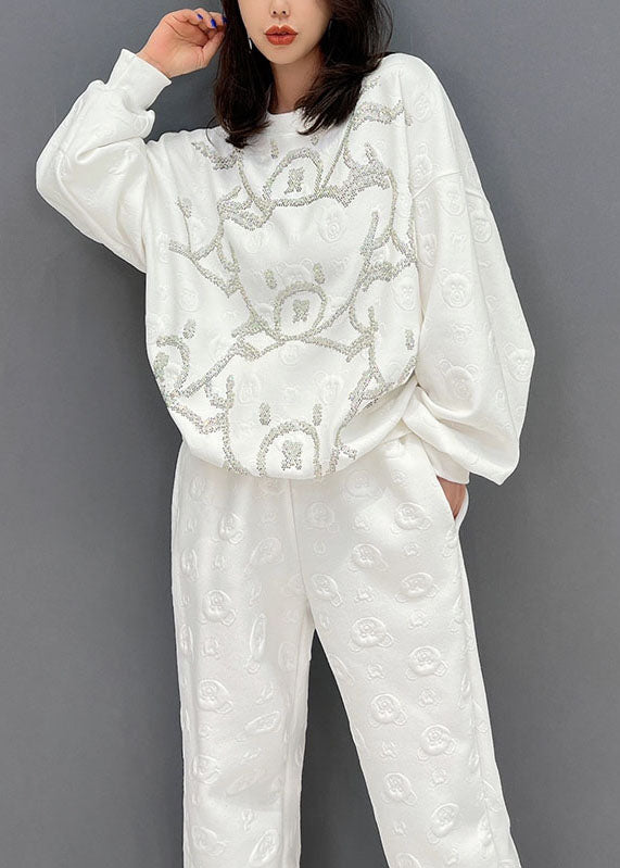 Taille plus taille blanche surdimensionnée Jacquard Cotton Two Piece Set Fall Fall