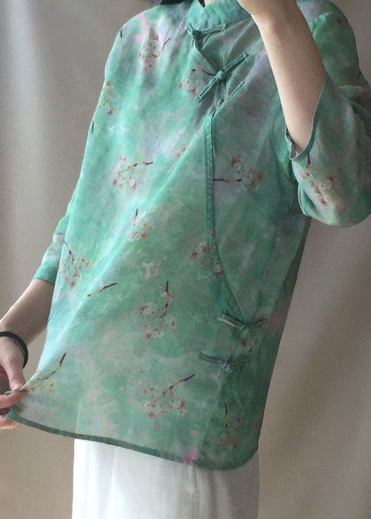 Plus size Light Green button Stand Collar print tops Spring