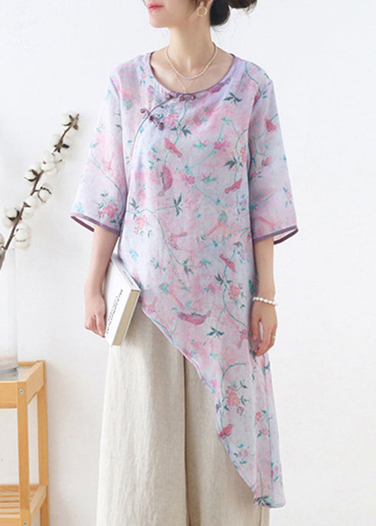 Purple Button Linen Shirts Asymmetrical Design Half Sleeve