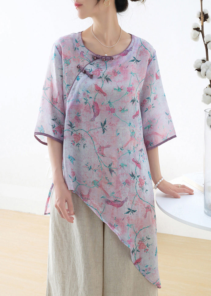 Purple Button Linen Shirts Asymmetrical Design Half Sleeve