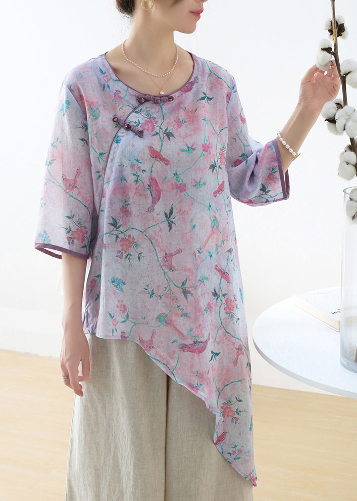 Purple Button Linen Shirts Asymmetrical Design Half Sleeve