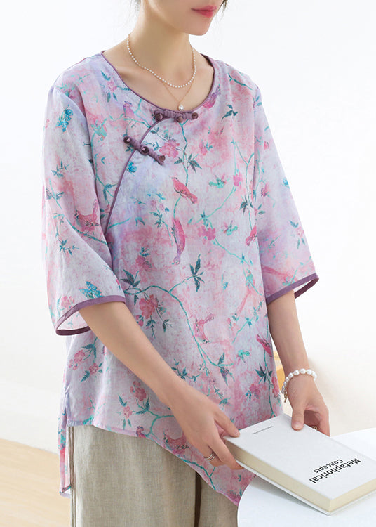 Purple Button Linen Shirts Asymmetrical Design Half Sleeve